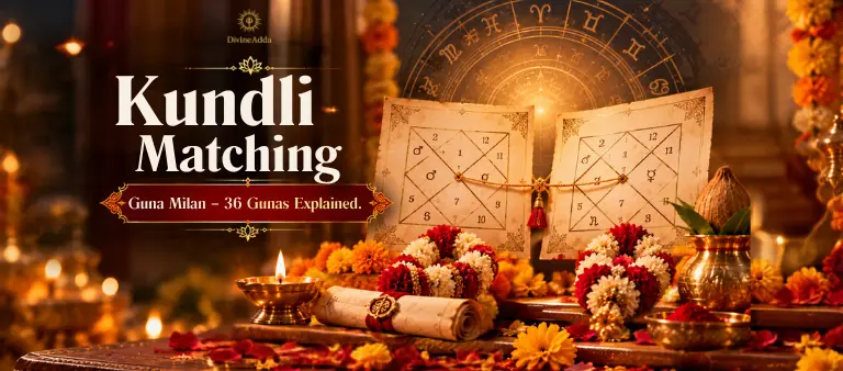 Kundli matching: two horoscope charts side by side with marigold garlands and a diya