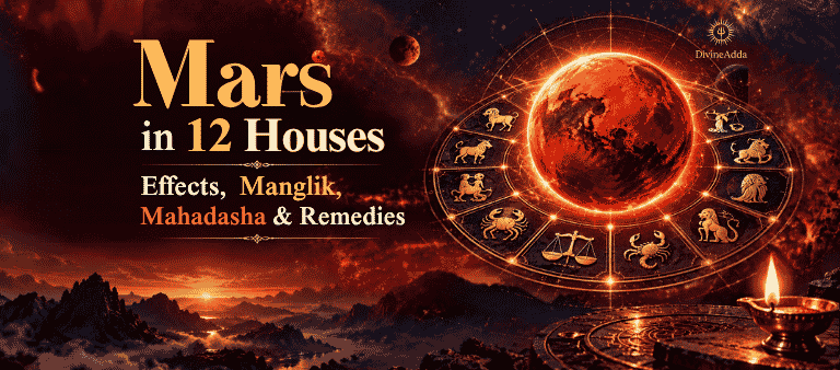 Mars in 12 houses: a glowing red planet above a zodiac wheel with twelve houses