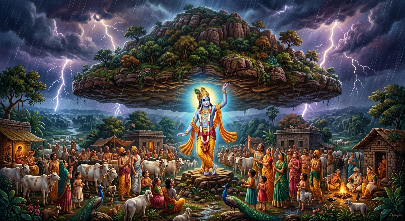 Krishna Lifts Govardhan Hill