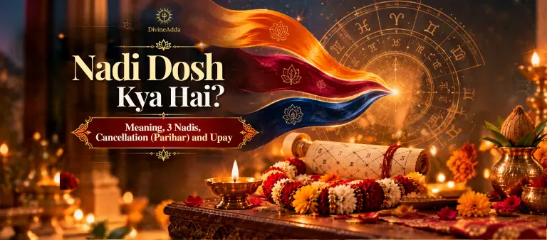 Nadi Dosh: three flowing golden ribbons beside a horoscope scroll and marigold garland