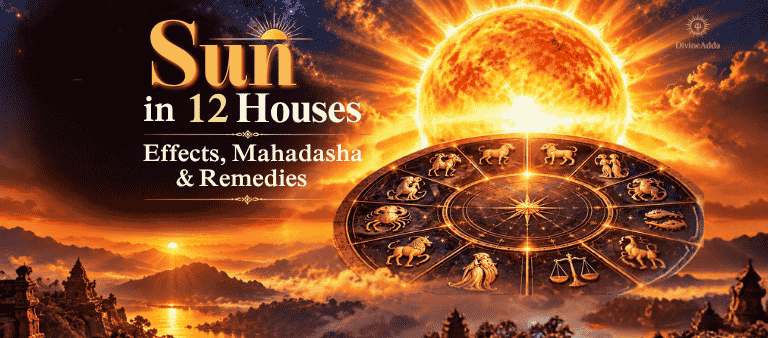 Sun in 12 houses: a golden sun rising above a zodiac wheel with a copper arghya vessel