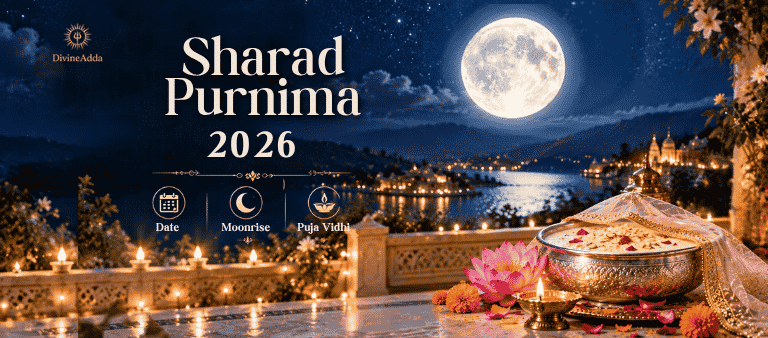 Sharad Purnima 2026: a glowing full moon over a silver bowl of kheer, diyas and lotus flowers divineadda.com