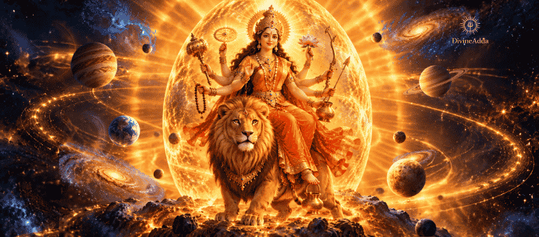 Goddess Kushmanda with a gentle smile seated on a lion at the center of a glowing golden cosmic egg, eight arms holding a lotus, bow, arrow, kamandalu, nectar pot, chakra, mace and a japa mala, radiant sun-like light spreading into a dark starry cosmos, saffron, gold and deep indigo palette, traditional Indian devotional art style, warm and awe-inspiring mood, no text, 16:9 banner composition