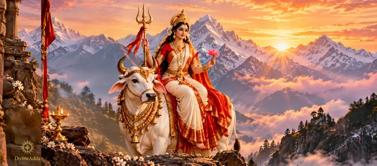 Goddess Shailaputri seated on a white bull Nandi